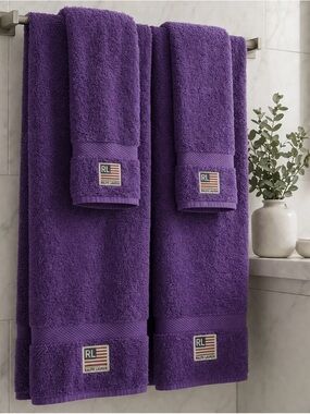 Vintage Ralph Lauren Purple 14pc Towel Set Bath Hand Washcloth RL Flag Logo